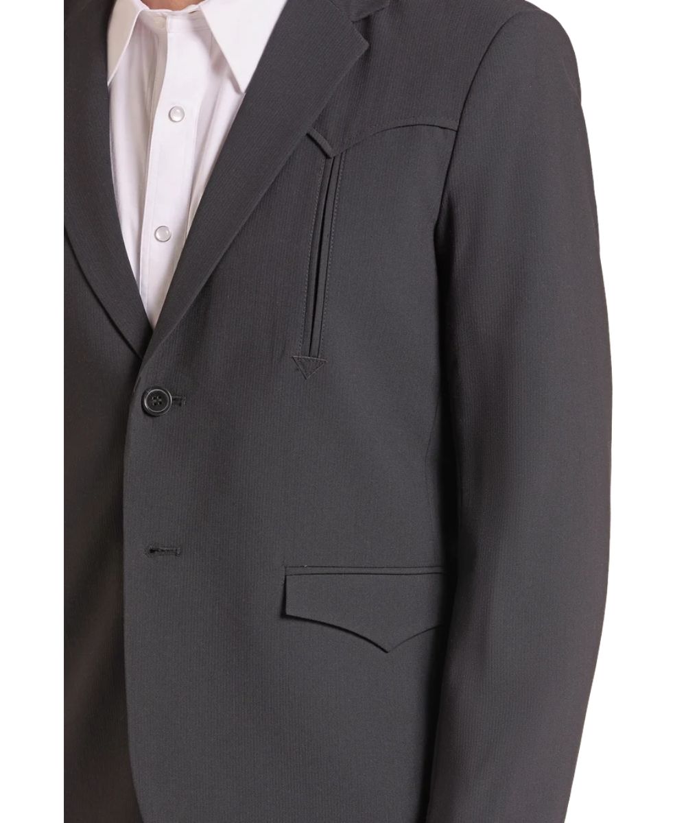 Close-up view of the men's black sport coat featuring the notched lapel collar