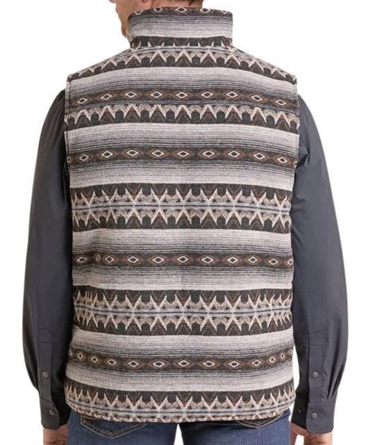 Back view of the men's grey aztec jacquard vest featuring the mock collar and aztec stripe pattern