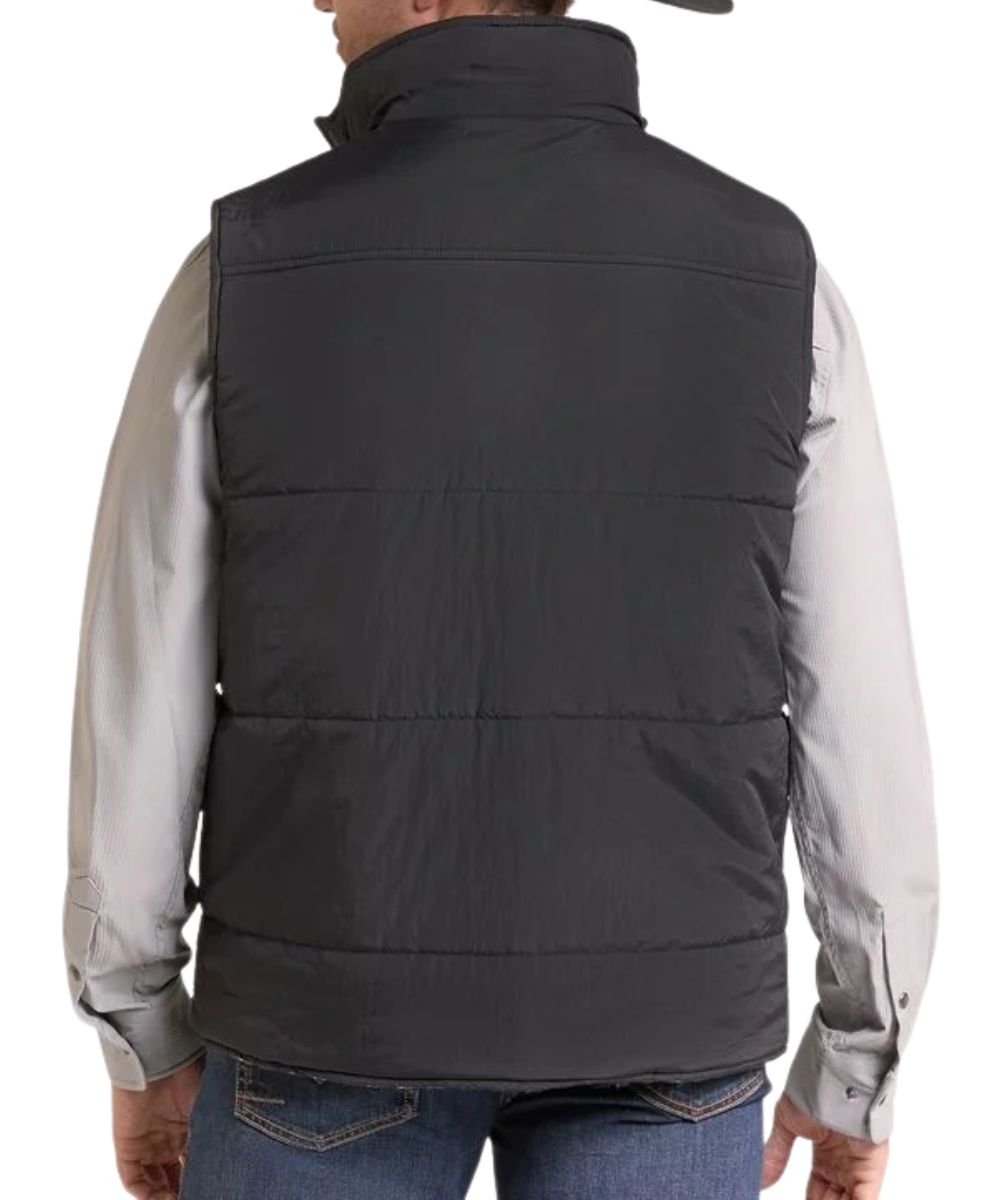Back view of the solid black reverse side of the men's grey aztec vest