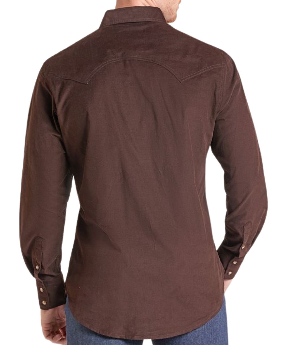 Back view of the men's dark brown corduroy long sleeve snap shirt featuring the modern fit and double pointed back yoke