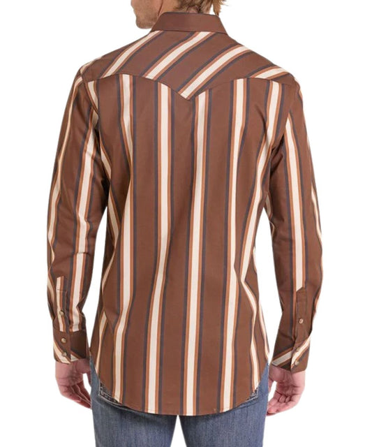 Back view of the men's brown striped long sleeve snap shirt featuring the modern fit