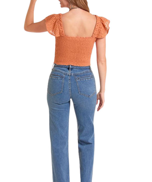 Women's Burnt Orange Short Flutter Sleeve Top Featuring A Square Neckline And Smocked Back