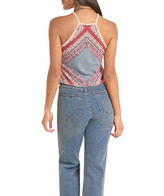 Back view of women's light navy paisley halter top featuring spaghetti straps and a straight back hem.