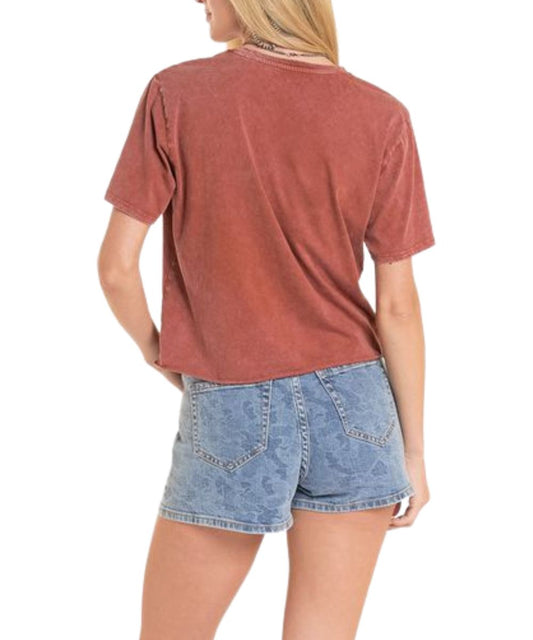 Back View Of The Women's Distressed Rustic Brown Cropped Graphic Tee