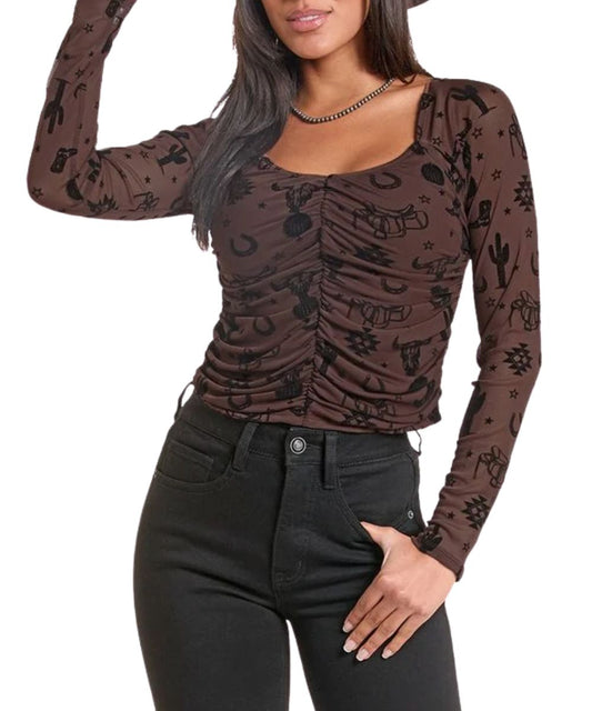 Front view of the women's java Rock & Roll Cowgirl top featuring the long sheer sleeves, round neckline, ruched front, and a contrast velvet flocked print