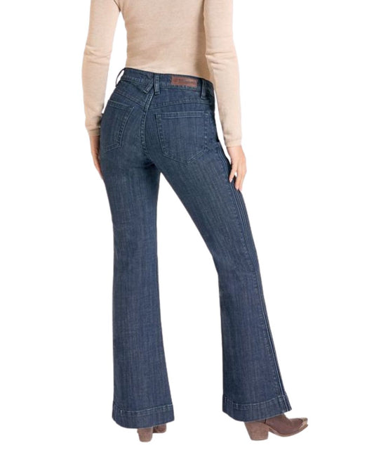 Back view of the women's dark wash trouser jean