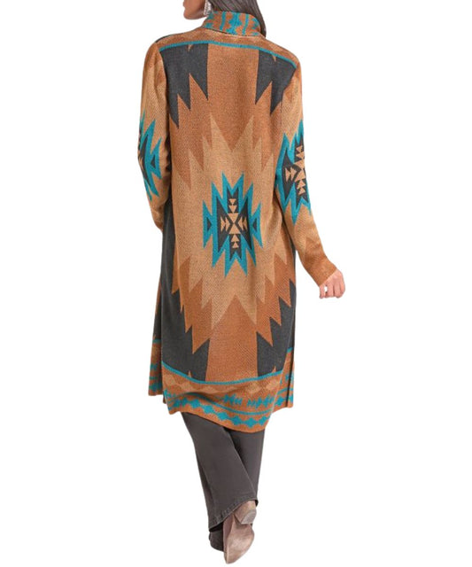 Back view of the women's long sleeve rust brown aztec print duster/cardigan