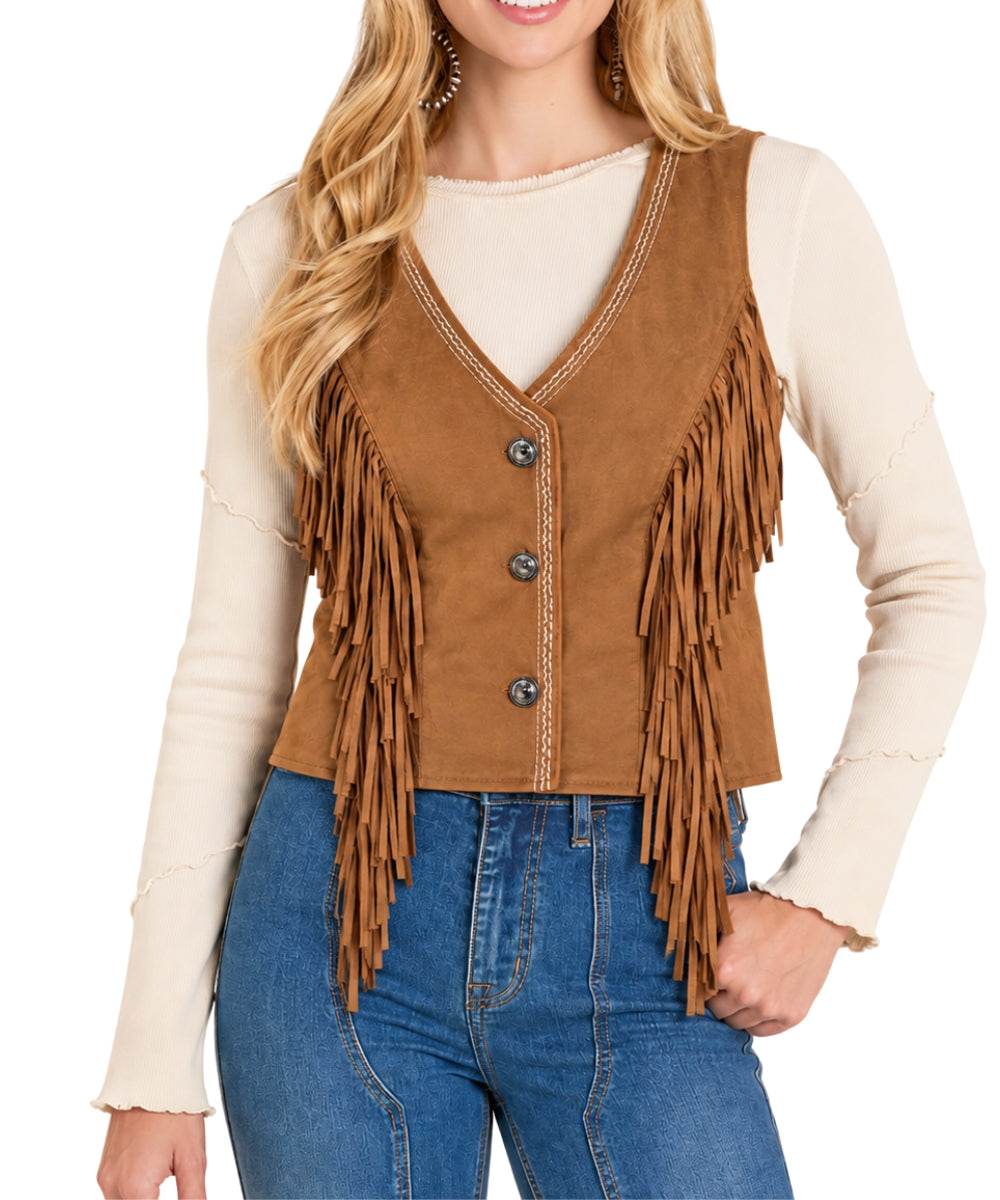 Rock & Roll Women's Embroidered Fringe Vest front on white background