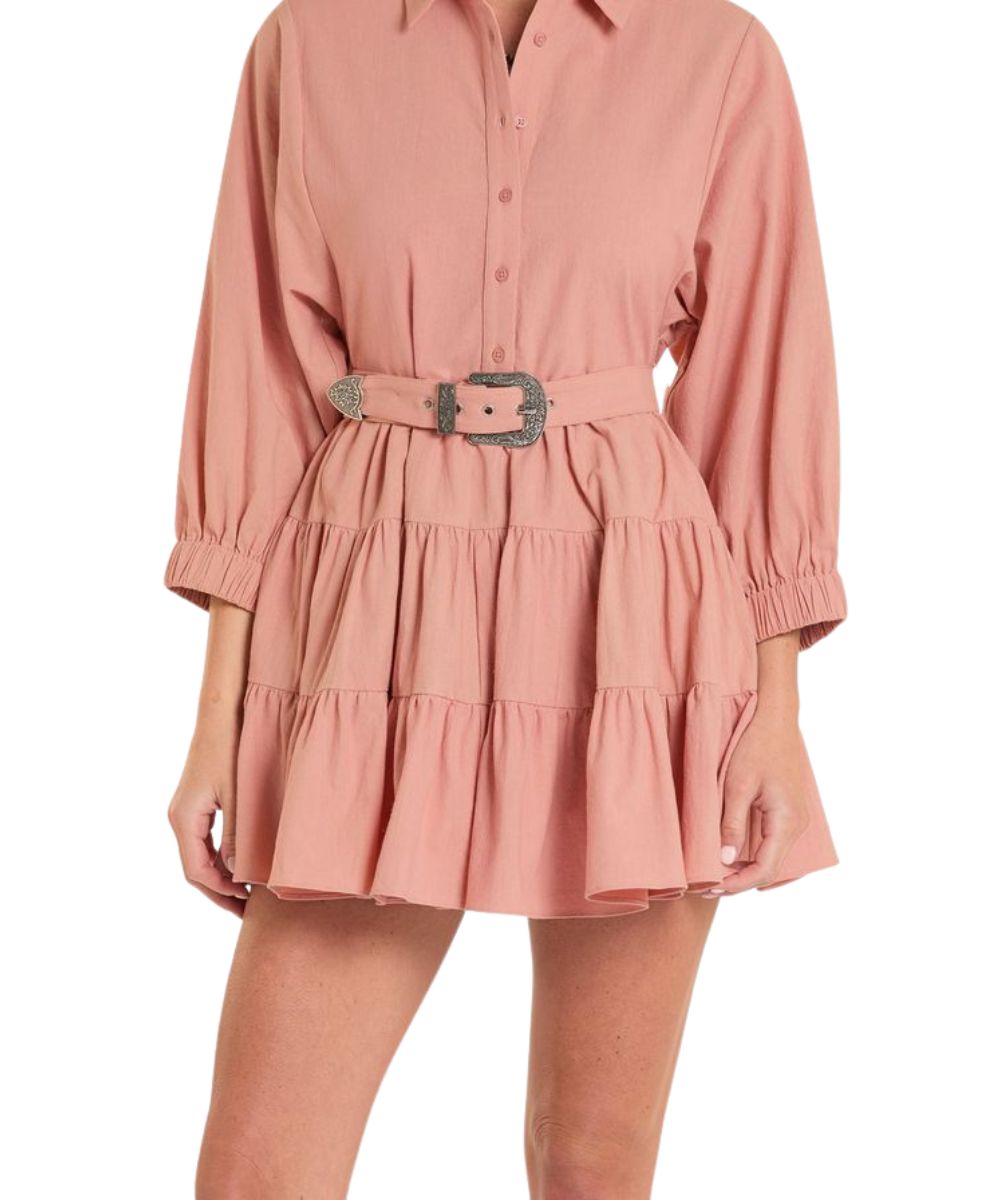 Close-up view of the women's mini dress featuring the matching adjustable belt