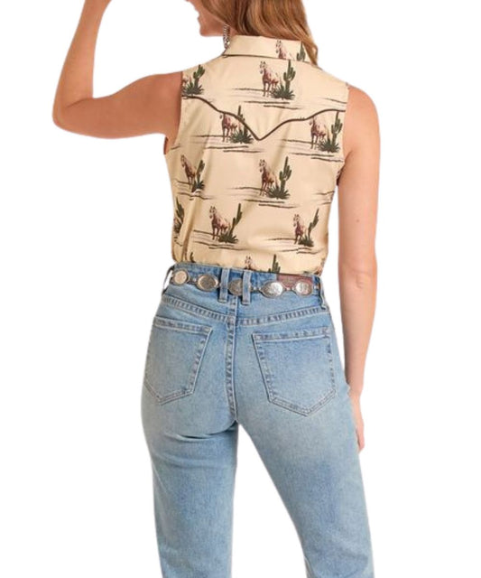 Back View Of The Women's Sleeveless Snap Shirt Featuring Western Yokes With Brown Piping