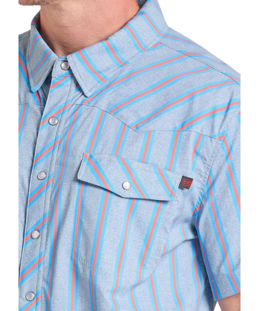 Close-up view of the men's blue striped snap shirt