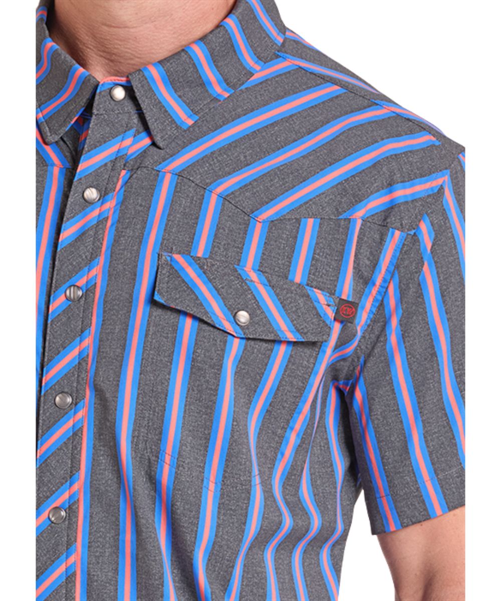 Close-up view of the pink and blue striped print