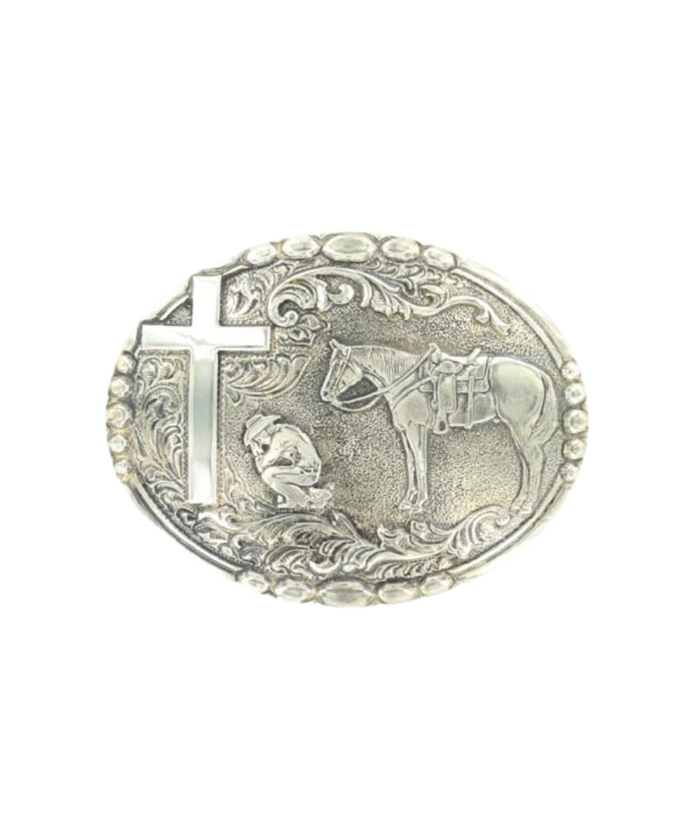 Men's silver oval belt buckle featuring a cowboy prayer motif