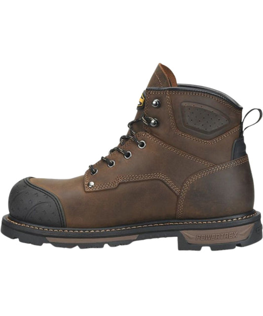 Left side view of the men's dark brown lace-up work boot featuring the heel pull tab for an easy on