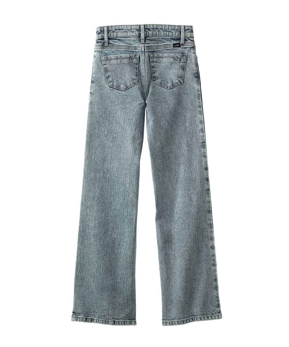Back view of the little girl's light stonewashed wide leg jean