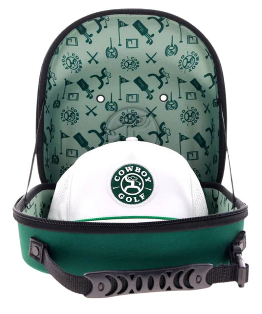 Large interior featuring the Cowboy Golf patterned lining, this cap carrier can hold 4 to 5 caps.