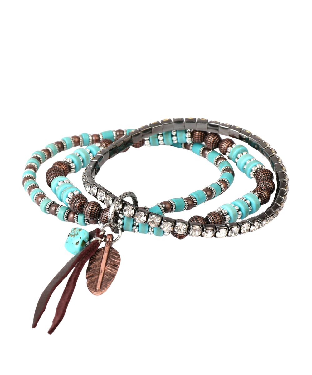 A set of three stacked beaded bracelets with turquoise, brown, and silver beads, featuring a feather charm and a small turquoise bead on a white background.