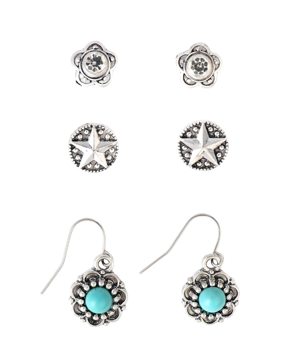 A 6-piece silver-toned dangle earrings set featuring floral stud earrings, star-shaped stud earrings, and matching dangle earrings with turquoise-colored round stones, displayed on a solid white background.