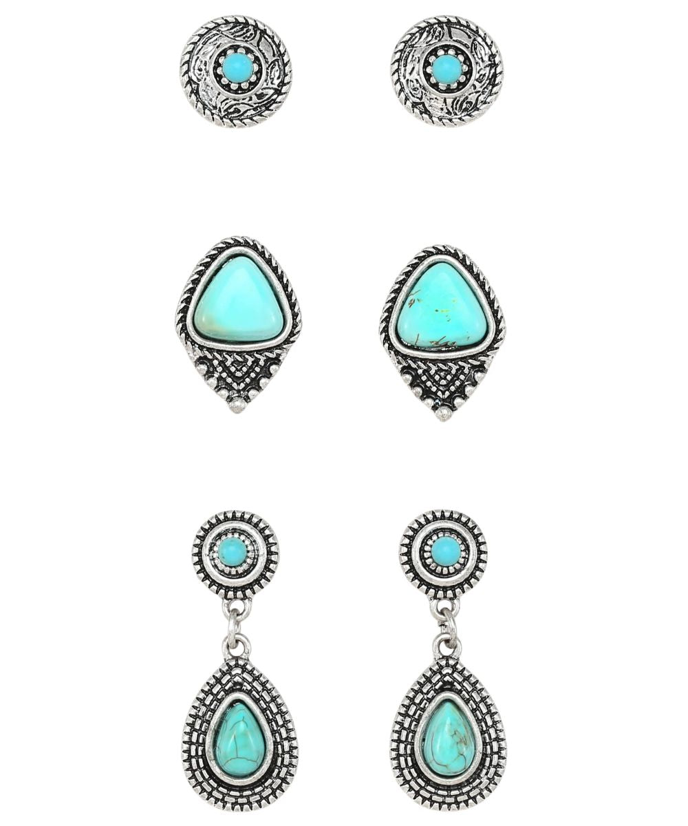 Three pairs of silver-toned turquoise stud and drop earrings arranged vertically on a plain white background.