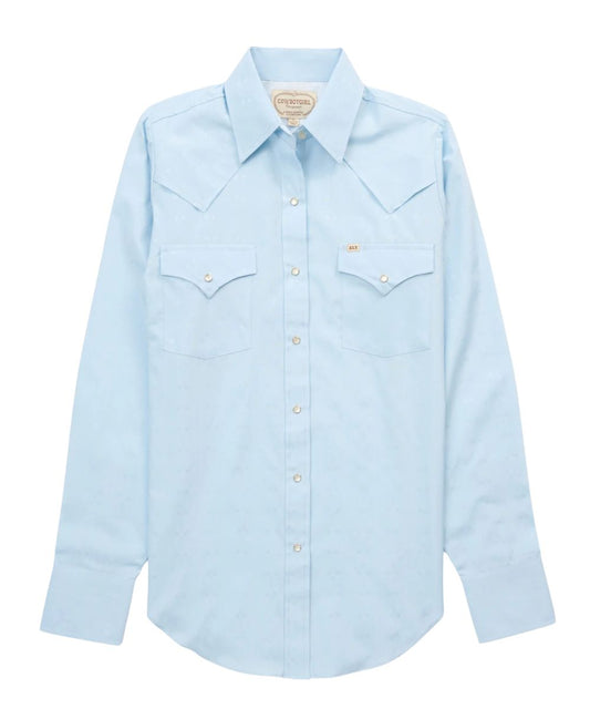 Women's Light Blue Western Snap Shirt Featuring A Loose Fit With Extra Length And Ecru Pearl Snaps