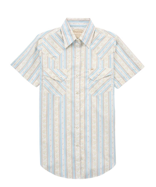 Women's Loose Fit With Extra Length Pearl Snap Shirt Featuring Chest Pockets, Western Yokes, And A Striped Print