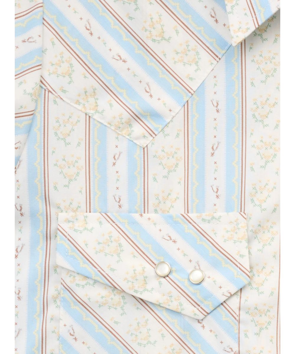 Close-Up View Of The Flap Chest Pockets With Double-Snap Closure And The Blossom Spurs And Golden Penrod Striped Print In Light Blue And White