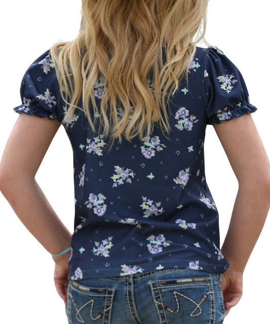 Back view of the girl's short sleeve navy floral print top