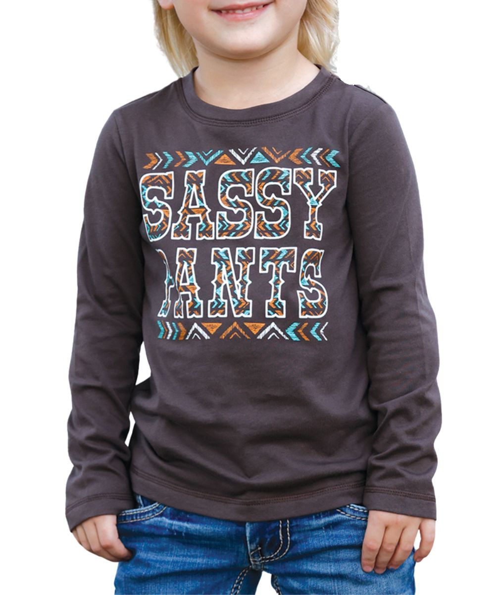 Front view of the girl's Cruel Girl brown long sleeve graphic tee featuring the southwestern screen-printed design on the front that reads: "Sassy Pants"