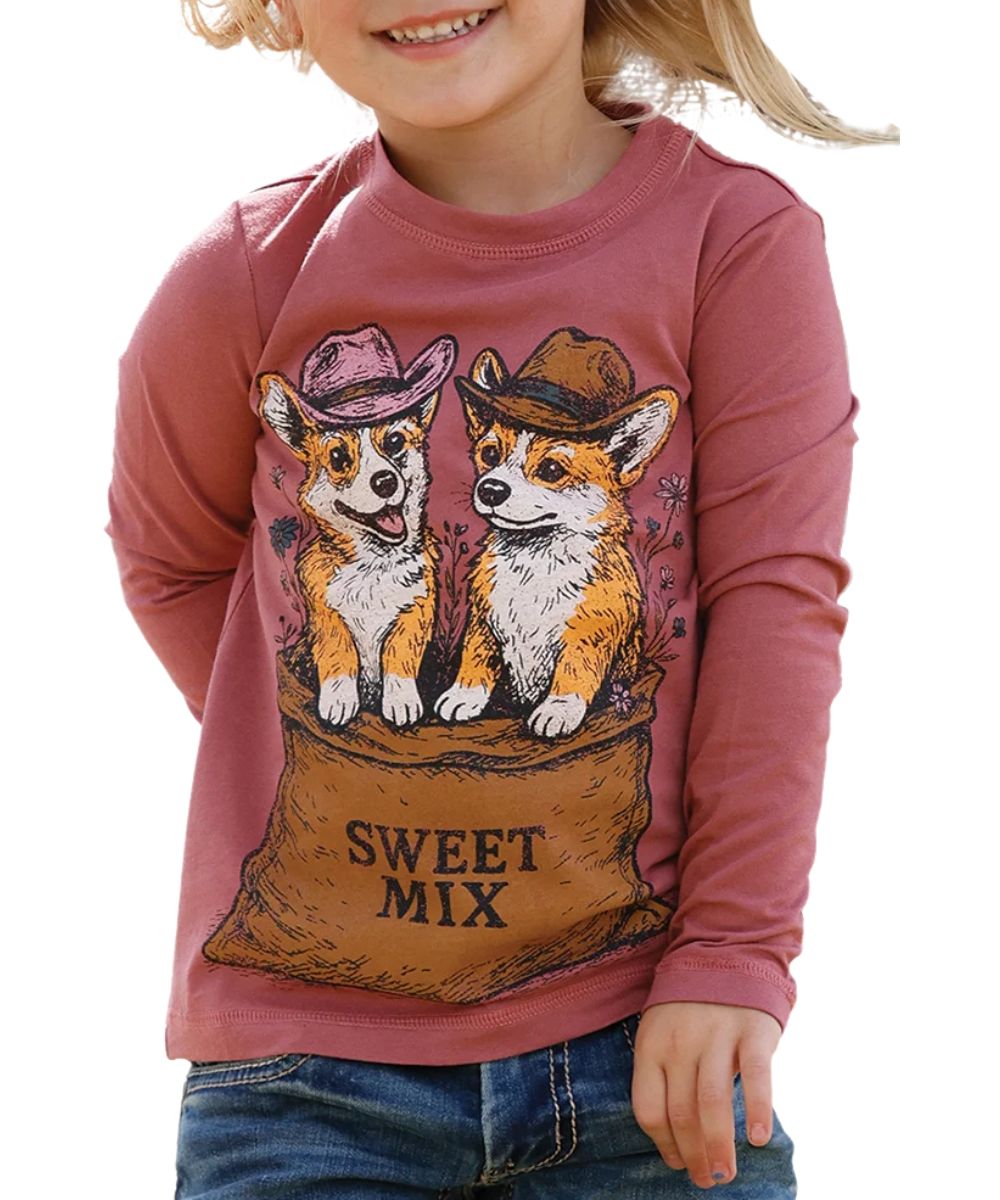 Front view of the toddler girl's pink Cruel Girl graphic tee featuring the long sleeves, crew neck, and a front screen-printed corgi dog graphic that reads: "Sweet Mix"