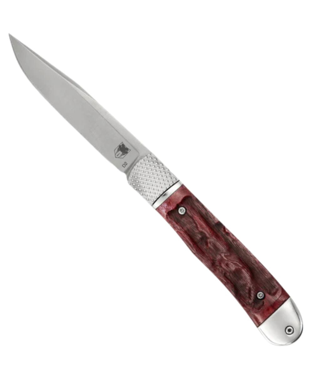 Side view of the hidden release red trapper knife