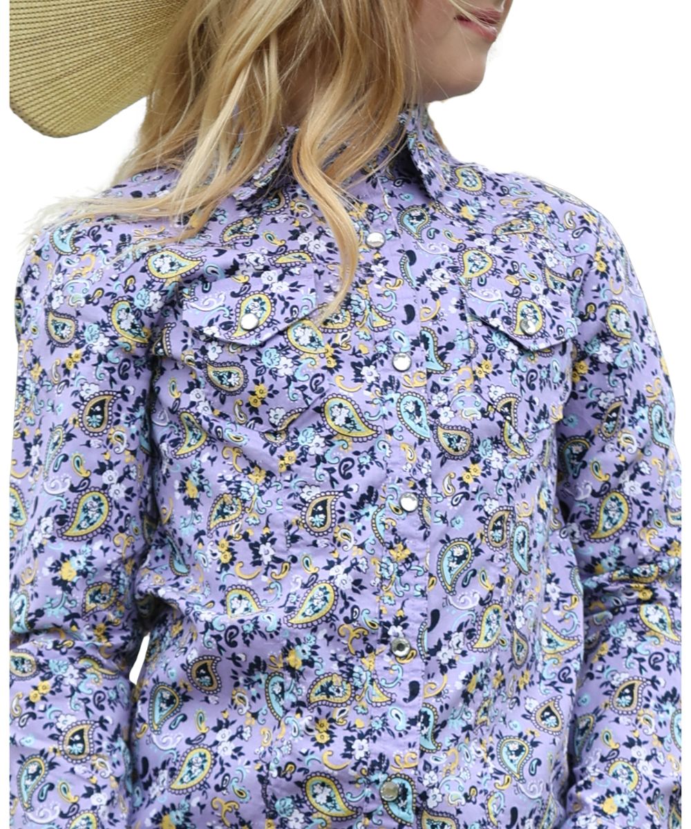 Close-up view of the girl's lilac long sleeve snap shirt featuring a paisley print and single point snap flap chest pockets