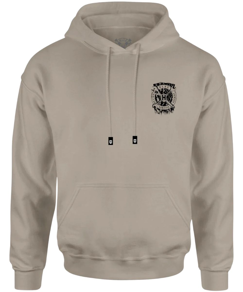 Front view of the men's light grey hoodie featuring the hooded collar with drawstring, tagless neck label, kangaroo pocket, and the black small logo screen-printed at the left chest