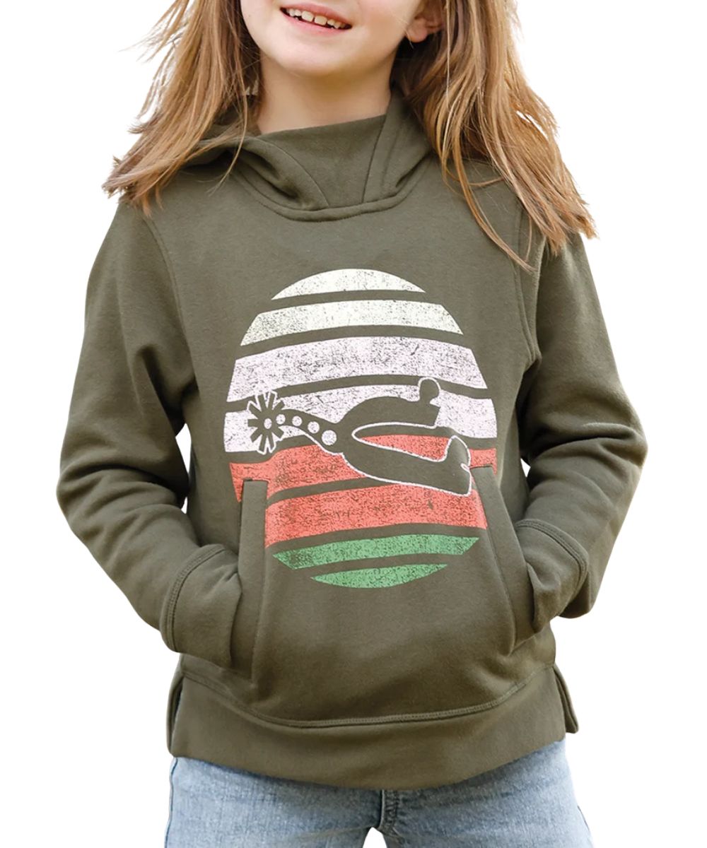 Front view of the girl's green Cruel Girl hoodie featuring the mock neck, spur graphic screen-printed on the front, a kangaroo pocket, and side slits in the hem