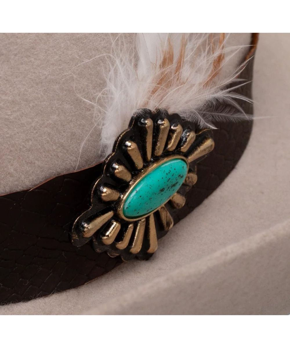 Close-up view of the faux snakeskin chocolate brown hat band featuring a brass concho with a center turquoise stone and white feather