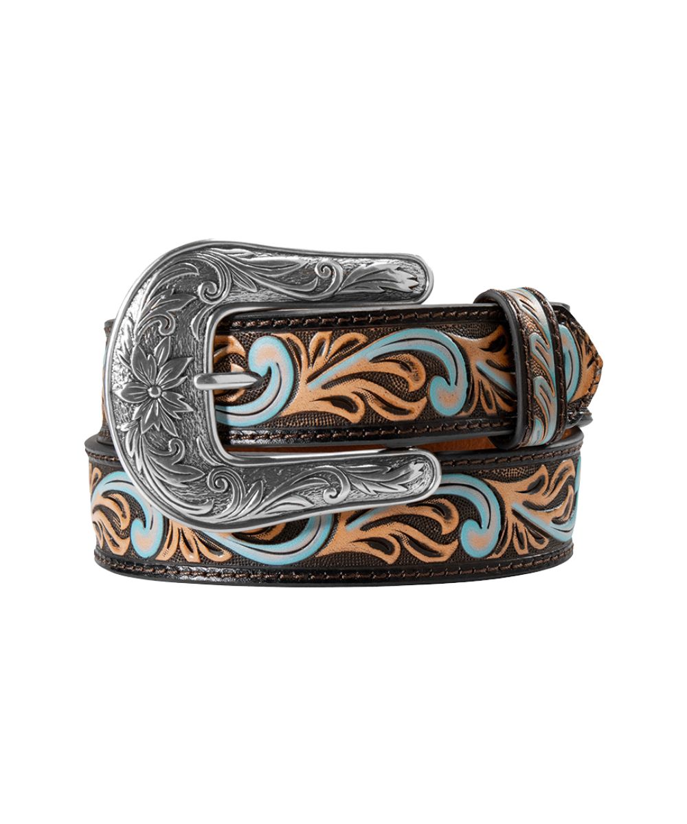 Side view of the girl's black leather belt featuring a tan and blue embossed scroll design