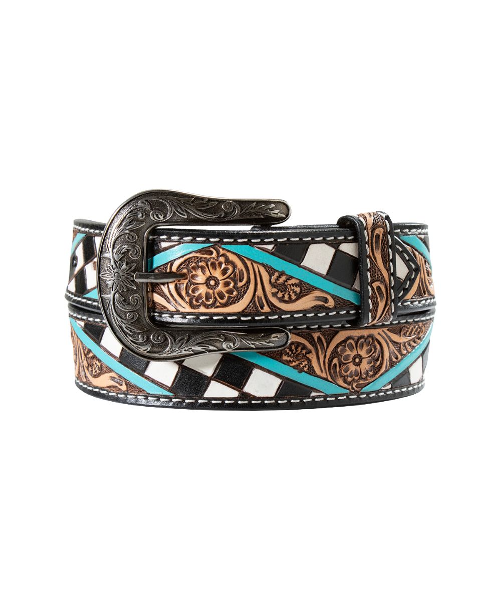 Side view of the women's leather checkerboard belt featuring turquoise accents and floral tooling