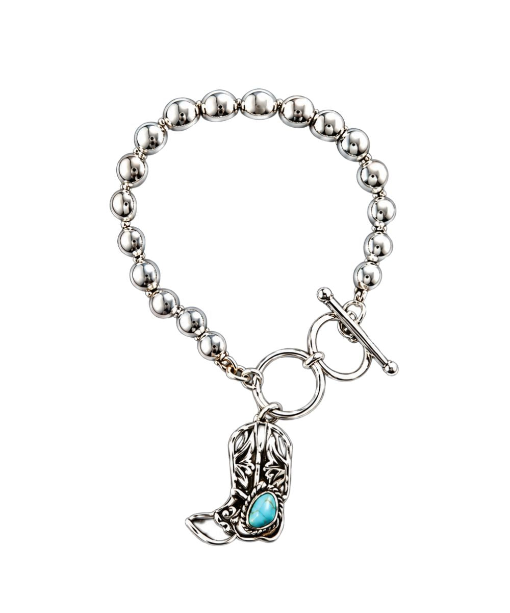 Women's Silver Beaded Bracelet Featuring A Boot Pendant With A Turquoise Stone
