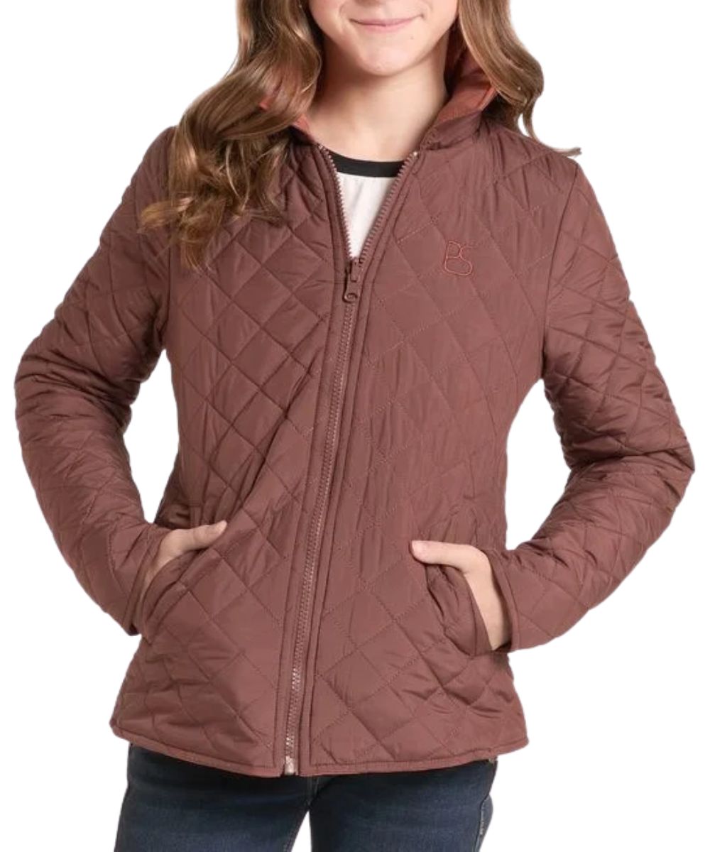 Front view of the girl's brown jacket reversed from the camel quilted jacket