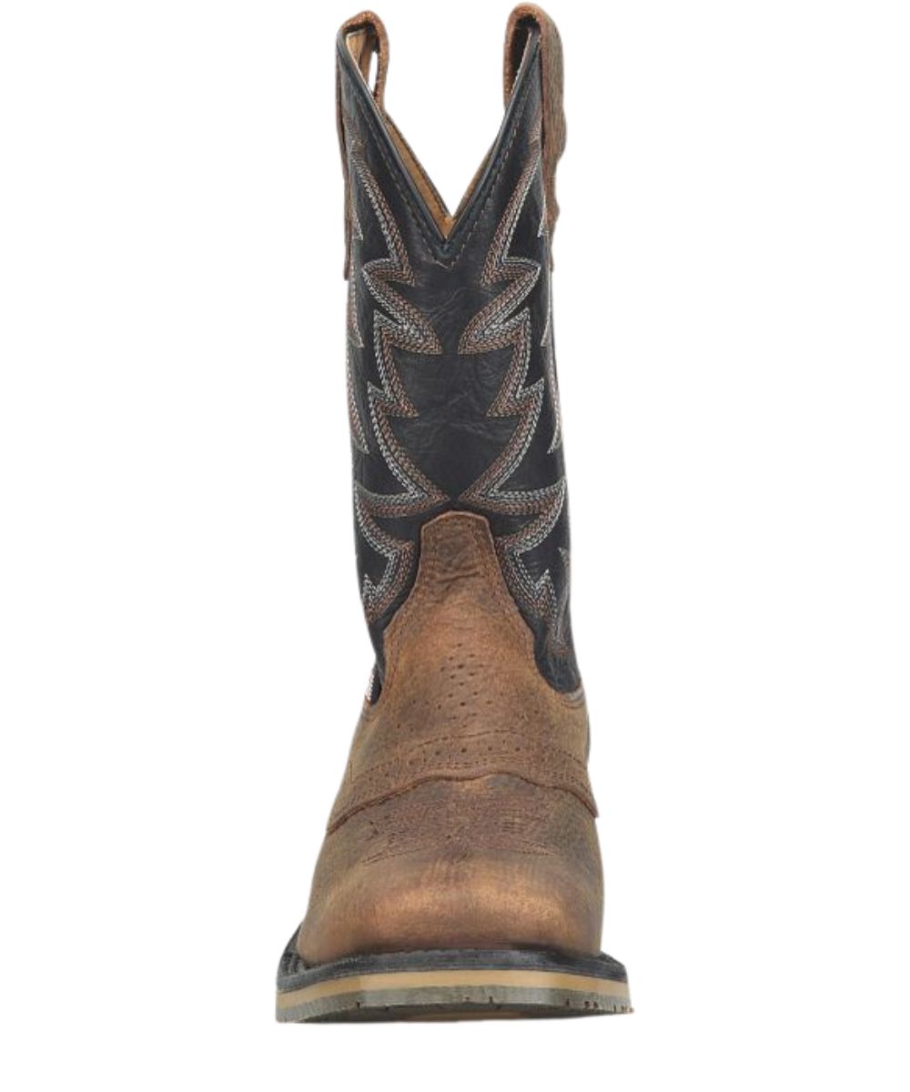 11" two-tone leather boot designed for work or western wear. Soft toe pioneer series boot. Union made with four layers of comfort for breathable, cushioned support.