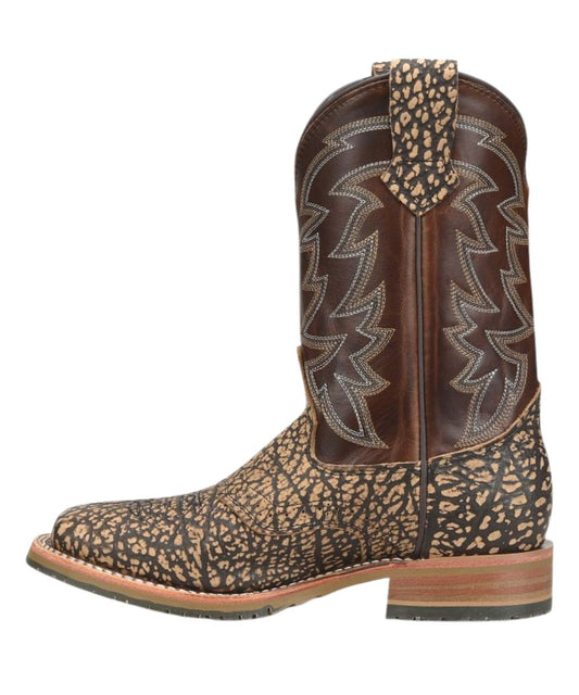 Left side view of the men's dark brown Double H Leather Boot featuring the layered robus heel and leather pull tabs