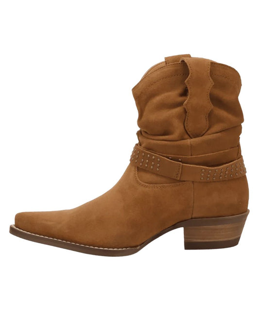 Left side view of the women's brown suede leather bootie featuring the 7" slouchy/scrunchy shaft, pull tabs, studded buckle strap, and suede leather construction