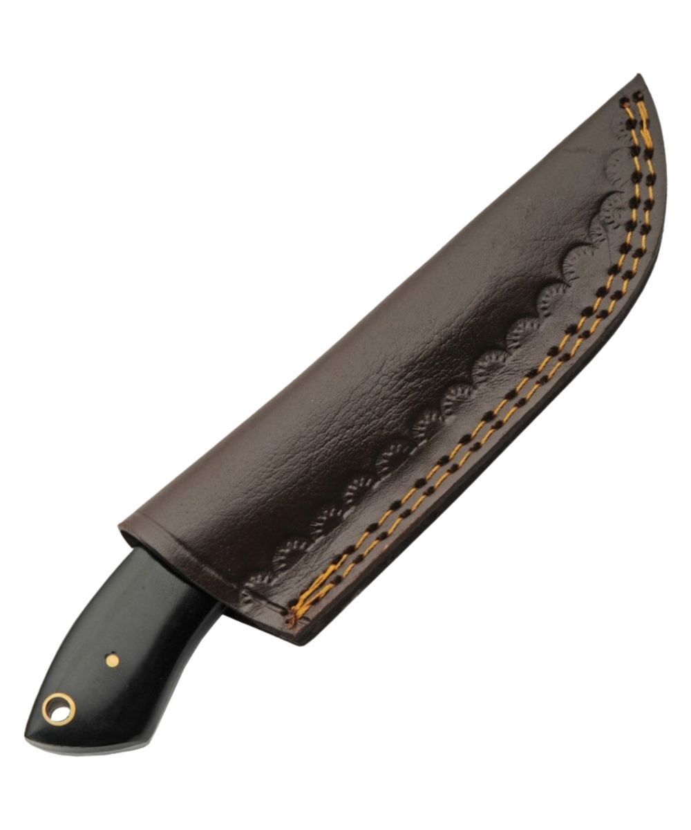 Double D Damascus knife pictured in the brown leather belt sheath that comes with the knife