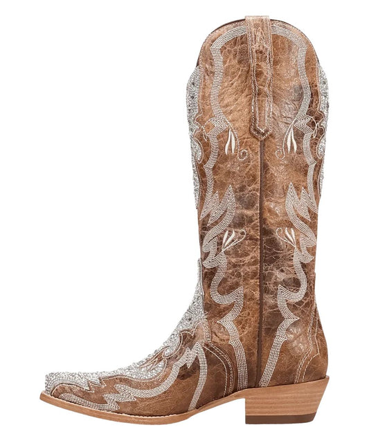 Left side view of the women's 14" tan leather boot featuring the pull tabs and brown piping
