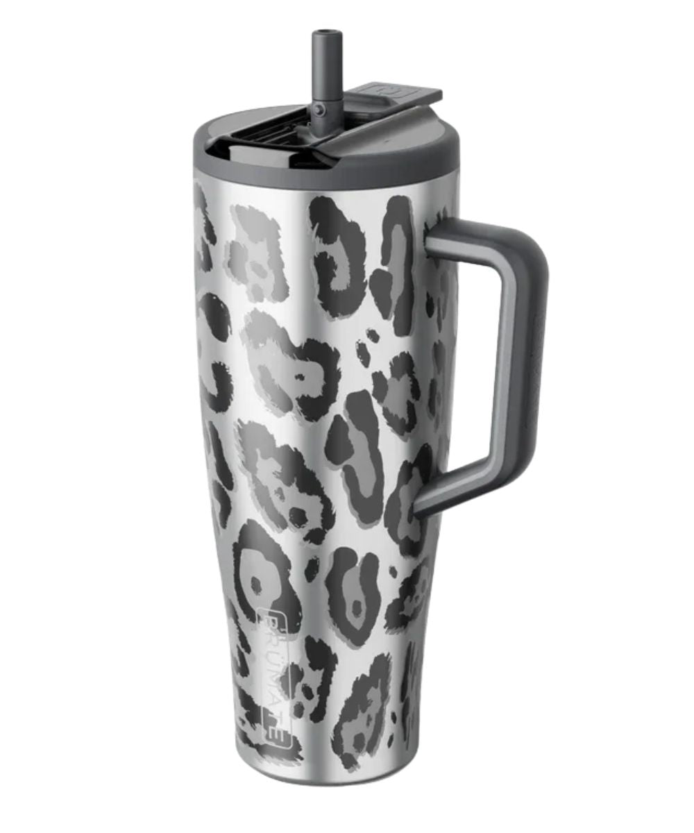 Side view of the 40 oz Brumate Era Flip Tumbler in metallic leopard print