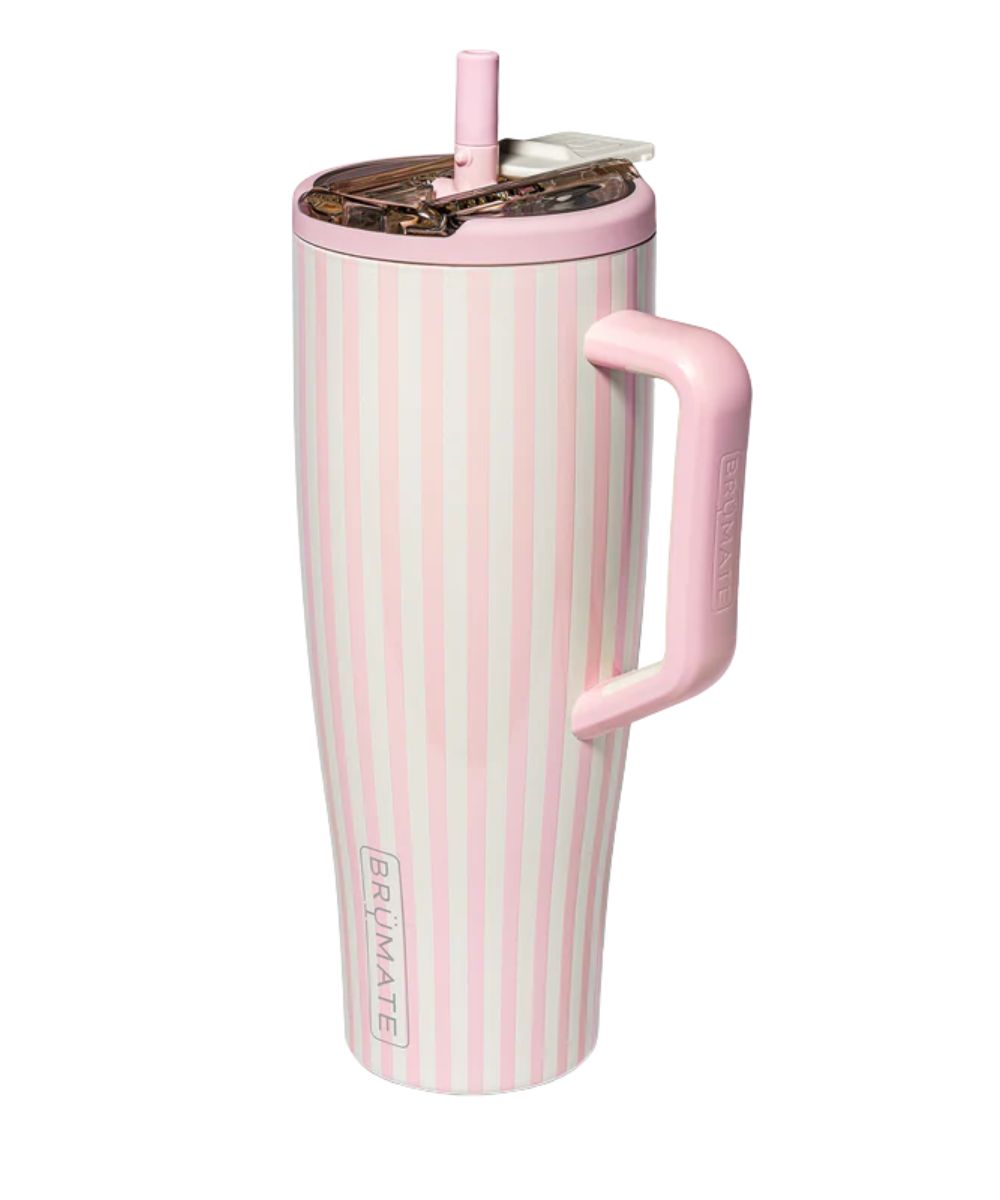Side view of the 40 oz strawberries & cream tumbler with flip straw lid