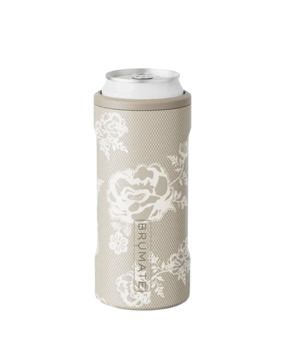 Brumate Cream Lace Hopsulator Slim for 12 oz slim cans featuring the floral print