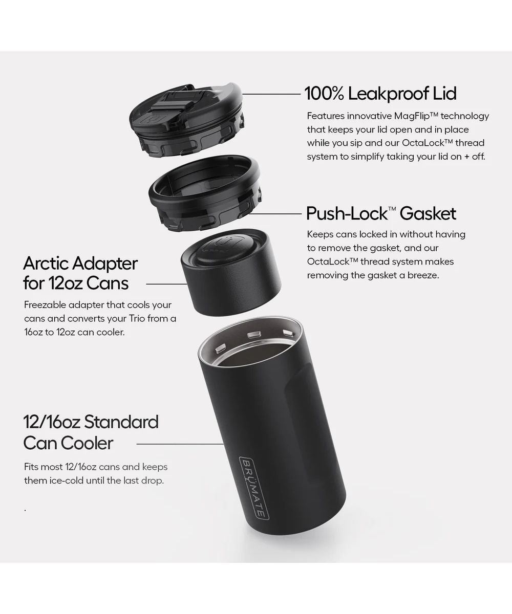 A black insulated can cooler shown with exploded view callouts and text describing features: 100% leakproof lid, push-lock gasket, Arctic adapter for 12oz cans, and 12/16oz standard can cooler compatibility.