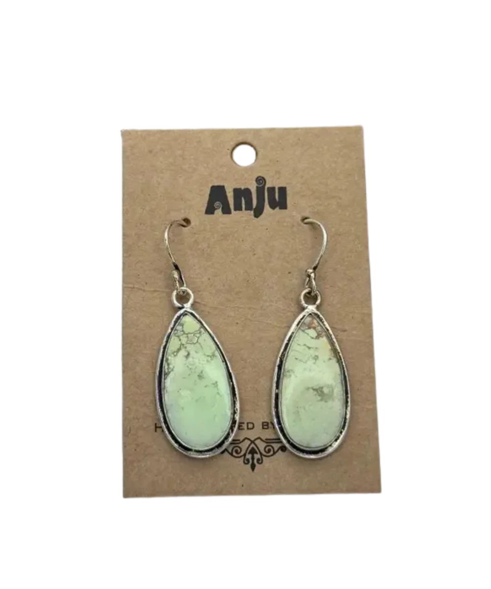Pair view of the women's lemon chrysoprase stone earrings set in silver-plated brass with fish hook backs handcrafted by Anju Jewelry