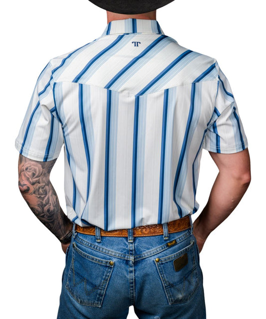 Back view of the men's short sleeve polo shirt featuring a single point back yoke and blue striped print