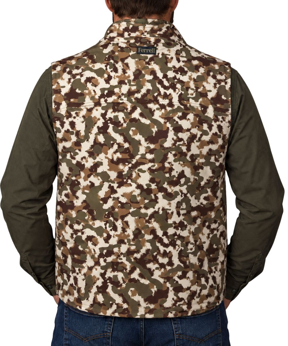 Back view of the men's camo vest featuring the wind and water resistance